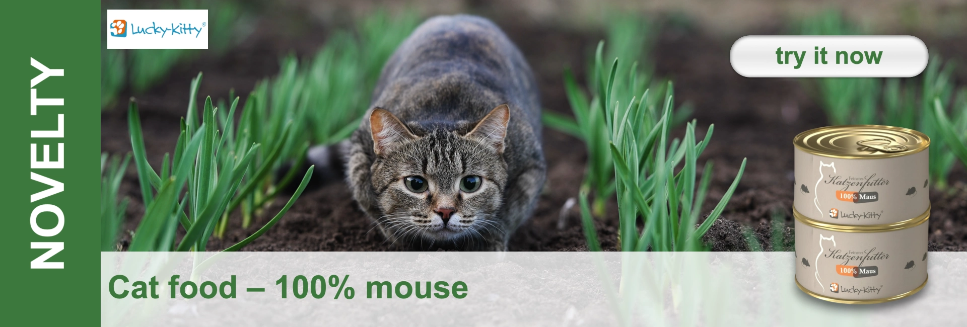 A tabby cat crouches in a field of green plants, with tins of cat food in the foreground.