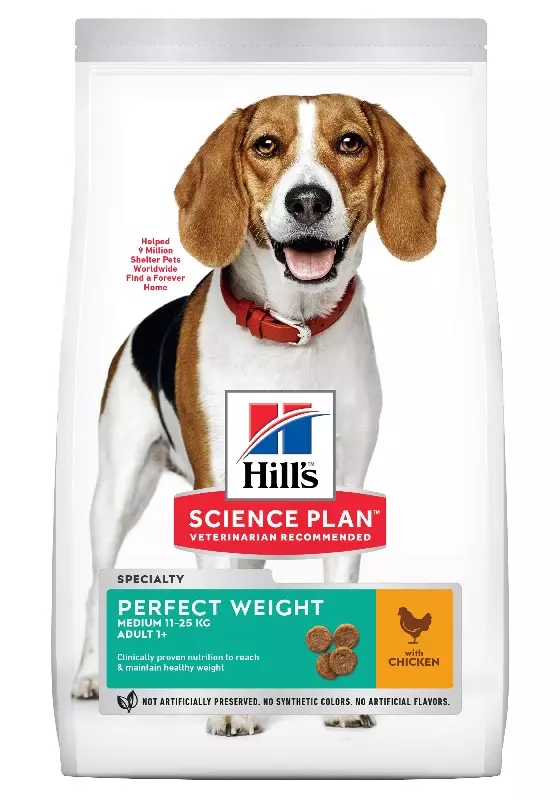 Confezione di Hill's Science Plan Perfect Weight Medium Adult con un beagle e la scritta "con pollo".