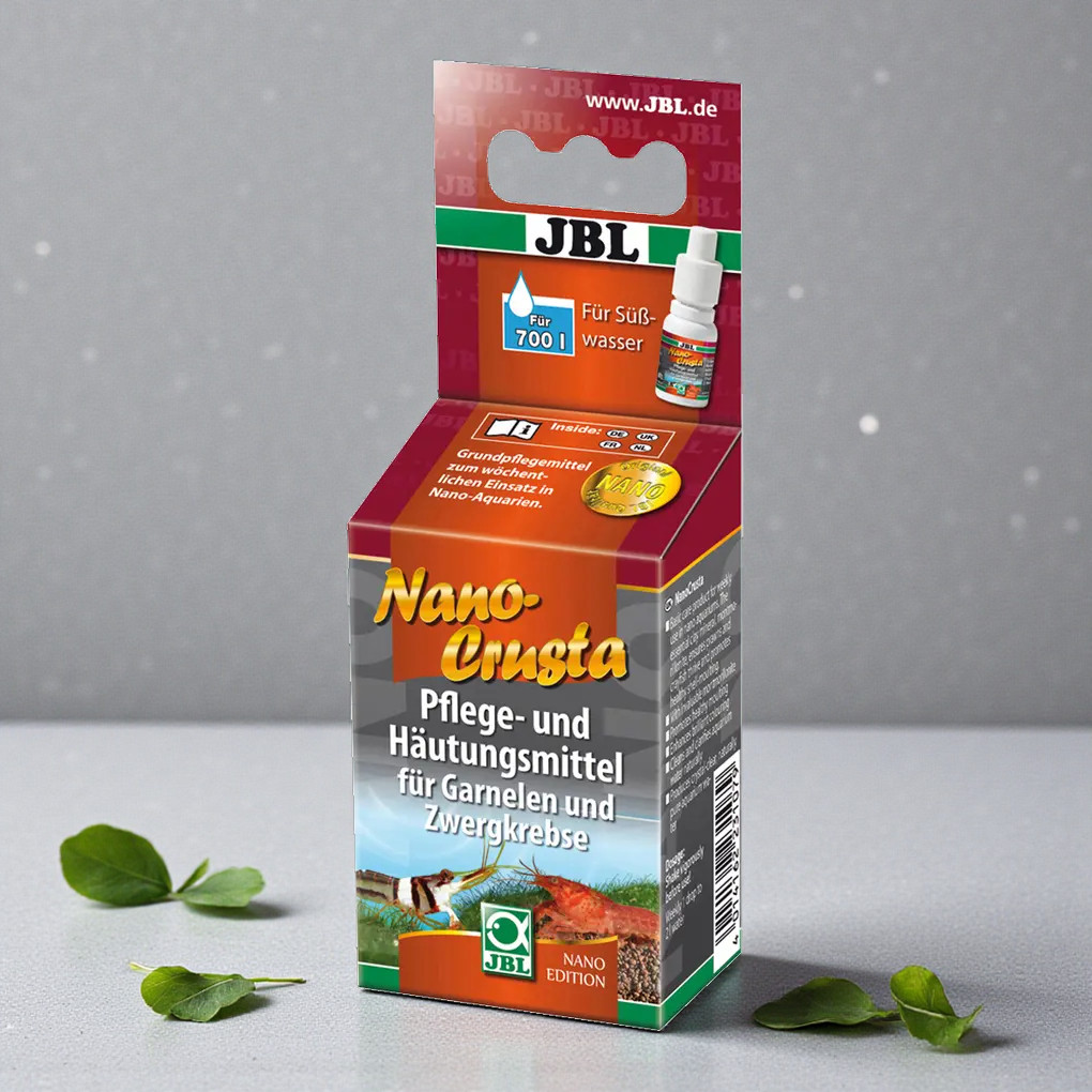 Verpackung von JBL Nano Crusta, Pflege- und Häutungsmittel für Garnelen und Zwergkrebse. Abbildung von Garnelen.