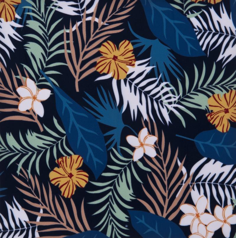 Motif tropical : fleurs jaunes, feuilles vertes, bleues et brunes sur fond sombre. Texture pour collier martingale.
