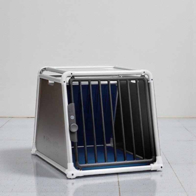 Silver Alu4pets ECO 3 dog crate, single crate for medium to large dogs, with black grille and blue interior on a light-coloured background.