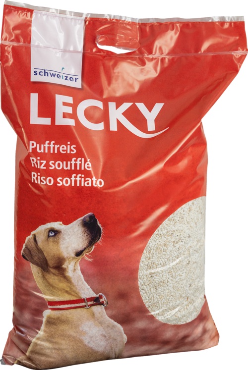 Confezione rossa di cibo per cani "Lecky" con cane e riso soffiato.