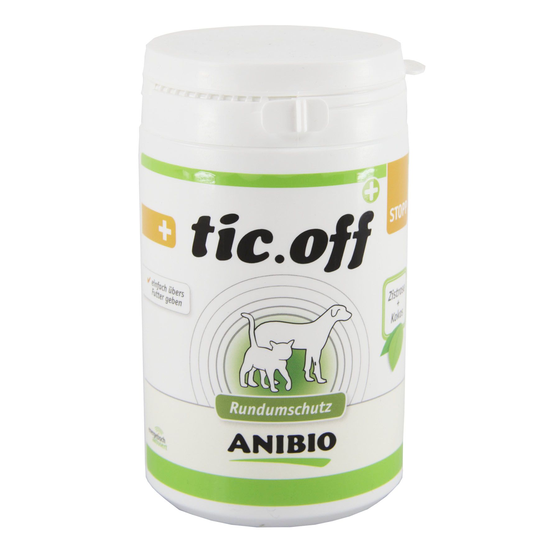 Weiße Dose mit dem Aufdruck "tic.off" und einer Zeichnung von Katze und Hund, darunter der Schriftzug "ANIBIO".