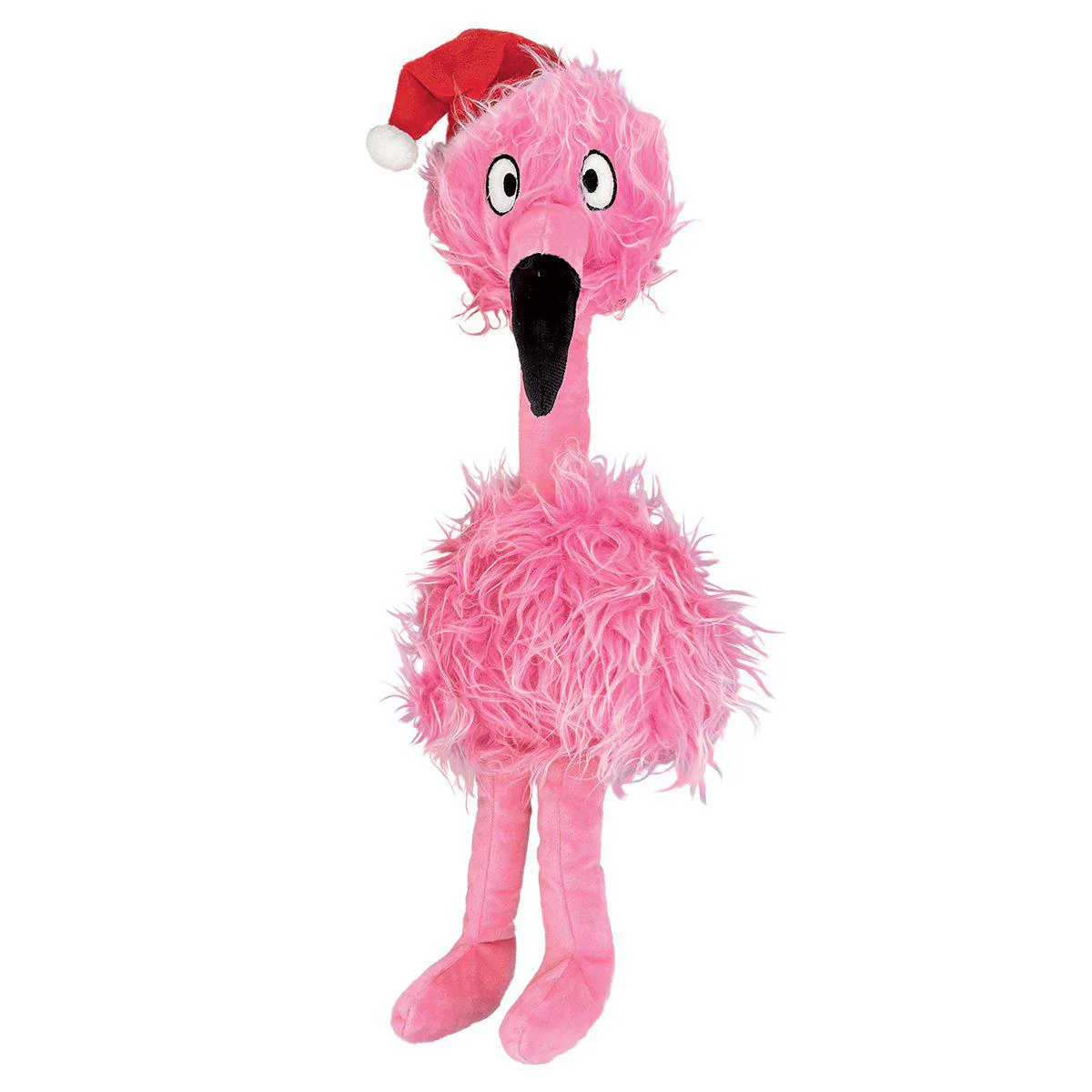 Plush toy flamingo with red Christmas hat, standing. The flamingo is pink and has a black beak.