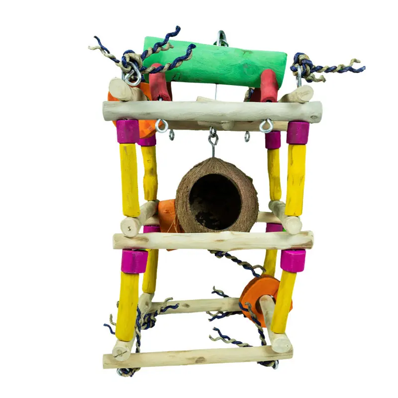 Jouet pour oiseaux coloré à plusieurs niveaux en bois naturel. Structure en bois avec tiges jaunes et raccords magenta. En haut, bloc vert. Au centre, demi-coque de noix de coco percée. Cordes et anneau orange intégrés.