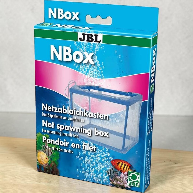 Packaging for the JBL NBox mesh spawning box, blue and pink box. Front featuring an illustration of the mesh in water with bubbles and two ornamental fish. Text: ‘Mesh spawning box for separating young fish’ for rearing/isolation.