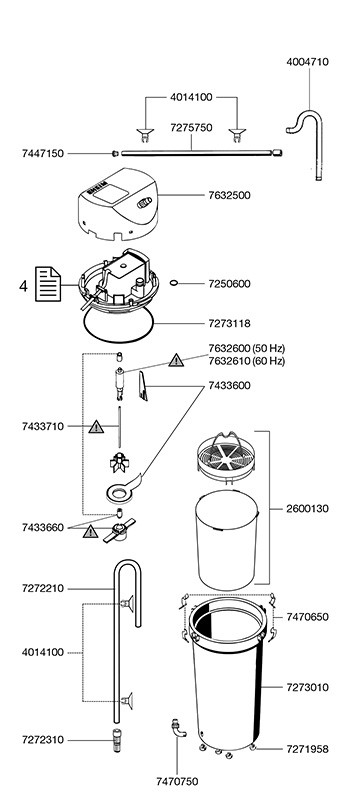 Vue éclatée d'un filtre extérieur EHEIM pour aquarium, avec toutes les pièces et leurs références. La tête, le réservoir, les tuyaux, la roue de pompe et son arbre sont identifiables pour faciliter la recherche de pièces.