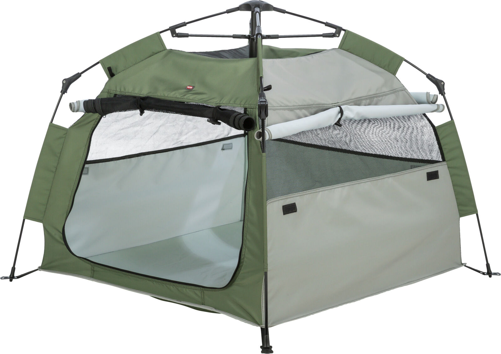Tenda pieghevole per animali domestici verde e grigio chiaro, ampia forma esagonale. Parte superiore in rete nera per ventilazione, parte inferiore in tessuto rigido grigio chiaro. Un lato aperto. Telaio leggero.