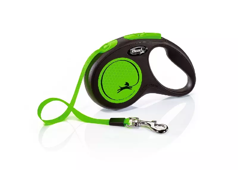 Black Flexi dog lead with neon green leash and accents, on a white background.
