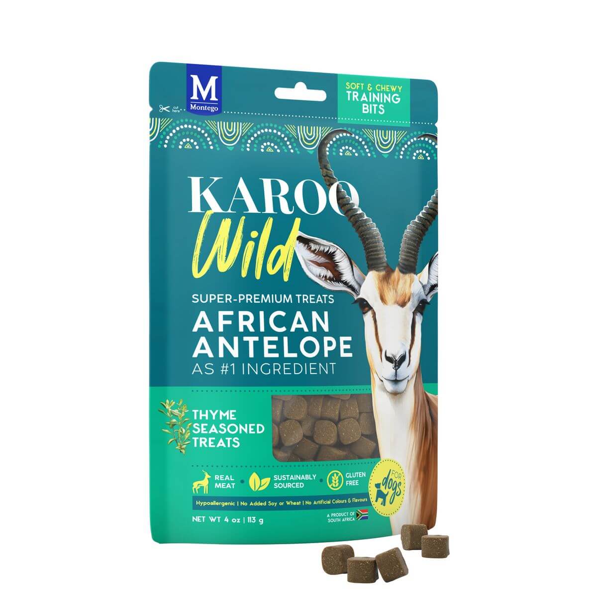 Confezione turchese Montego Karoo Wild: bocconcini super premium per addestramento cani con antilope africana e timo. Davanti antelope springbok e bocconcini marrone scuro. Ipoallergenici, senza glutine, da allevamenti sostenibili.