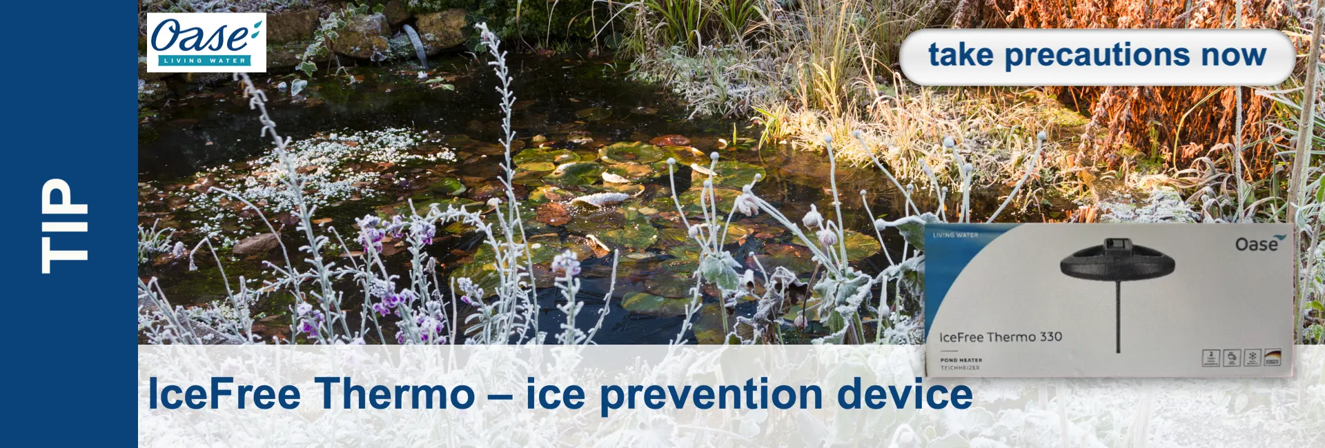 Winter pond with frost, water lily leaves and packaging for an ice-free thermal device.