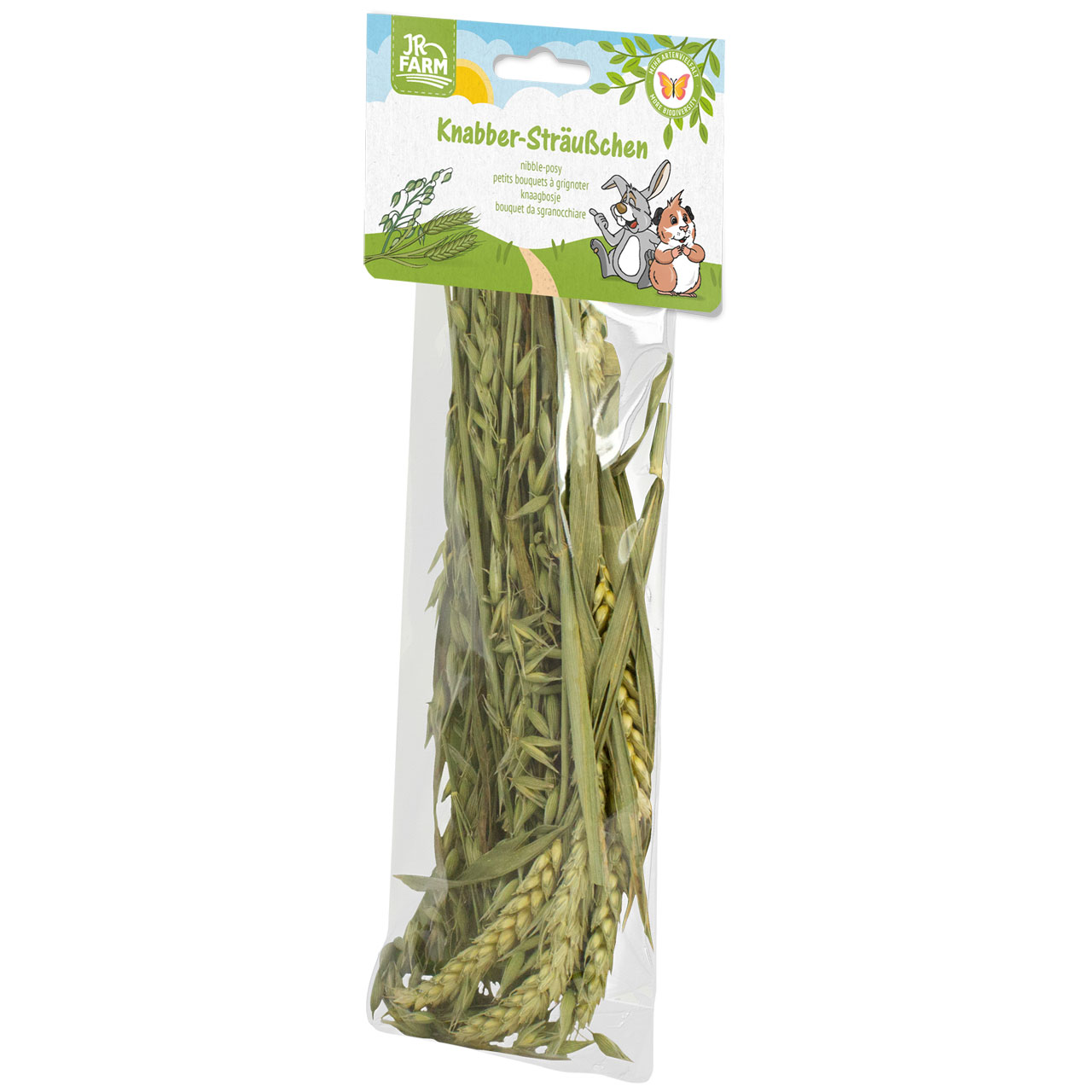 Confezione trasparente con mazzetti di snack naturali per animali domestici, pieni di steli di cereali verdi e spighe mature. Etichetta con coniglio e porcellino d'India in un prato sotto cielo azzurro: "JR Farm Mazzetti di snack".