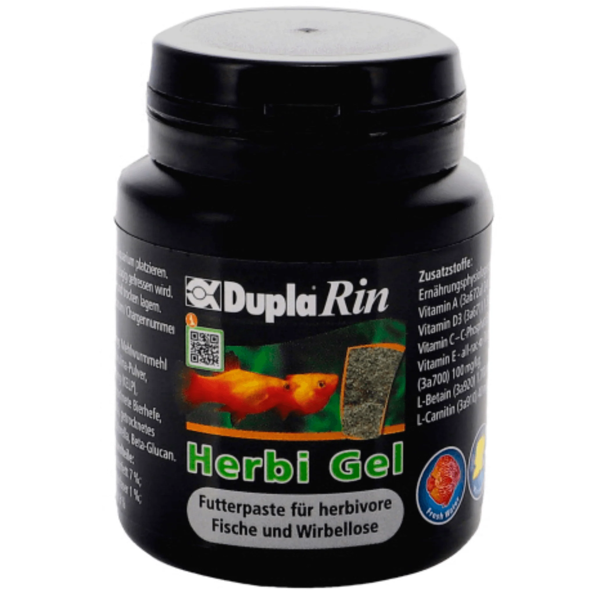 Schwarze Dose DuplaRin Herbi Gel Futterpaste. Aufdruck mit Fischen und dem Produktnamen.