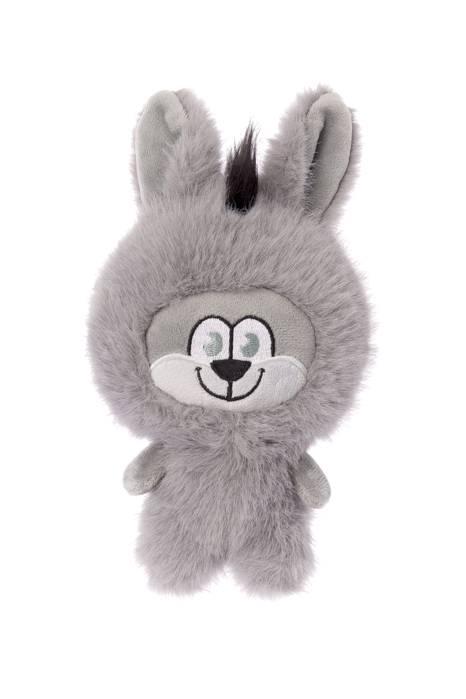 A grey, fluffy Labau ‘ Animals ’ soft toy with long ears and a small tuft of black hair. The embroidered face has light blue eyes, a black nose and a smile. A soft cuddly toy for collecting and playing with, featuring a crackling element.
