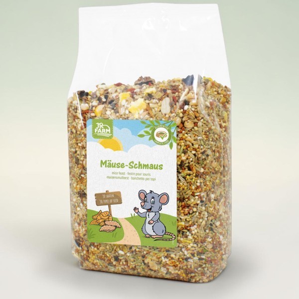 Sachet plastique transparent rempli d’un mélange coloré de graines, céréales et ingrédients séchés pour souris. Étiquette « Mäuse-Schmaus » avec une souris dessinée saluant et mention « 30 graines ».