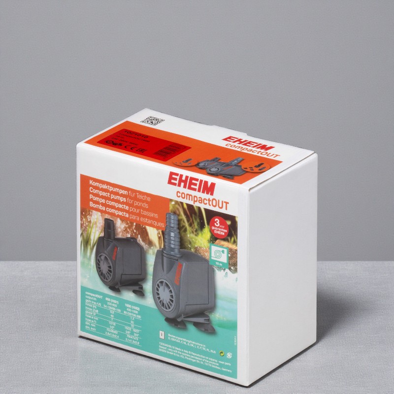 Produktverpackung der EHEIM compactOUT 600 Teichpumpe, mit Abbildung der Teichpumpe und Produktinformationen.