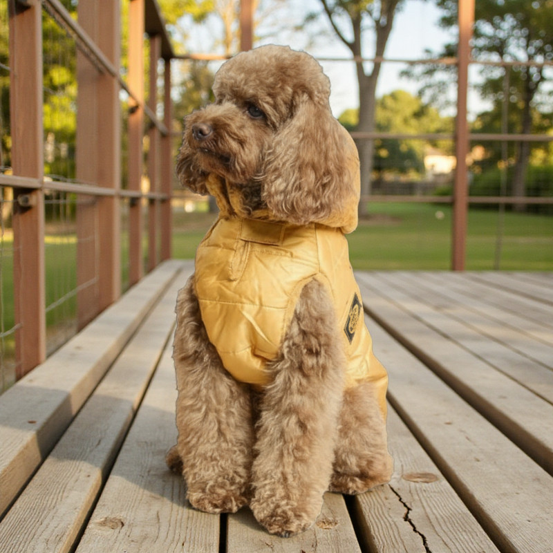 Quilted coat with detachable hood and faux fur lining mustard yellow