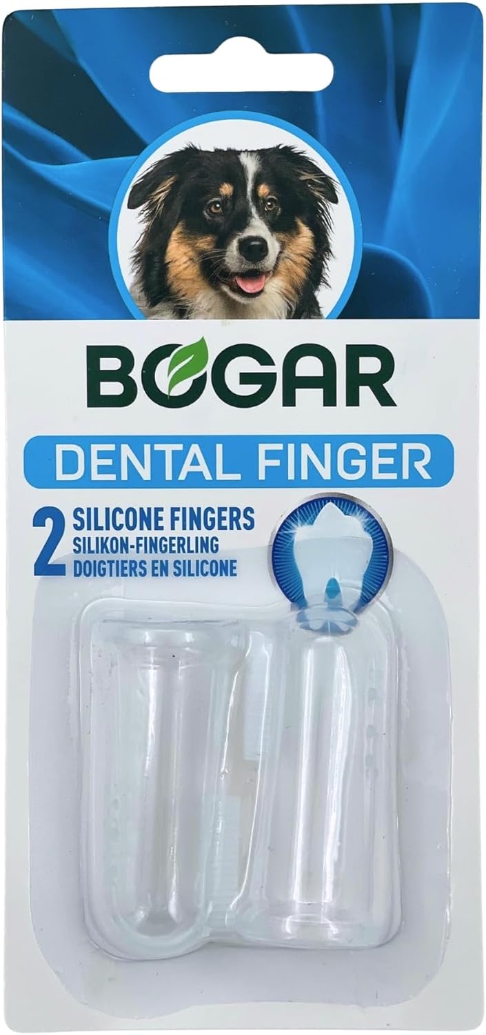 Packaging Bogadent Silicone Fingerling for dogs with product information and two fingerlings.