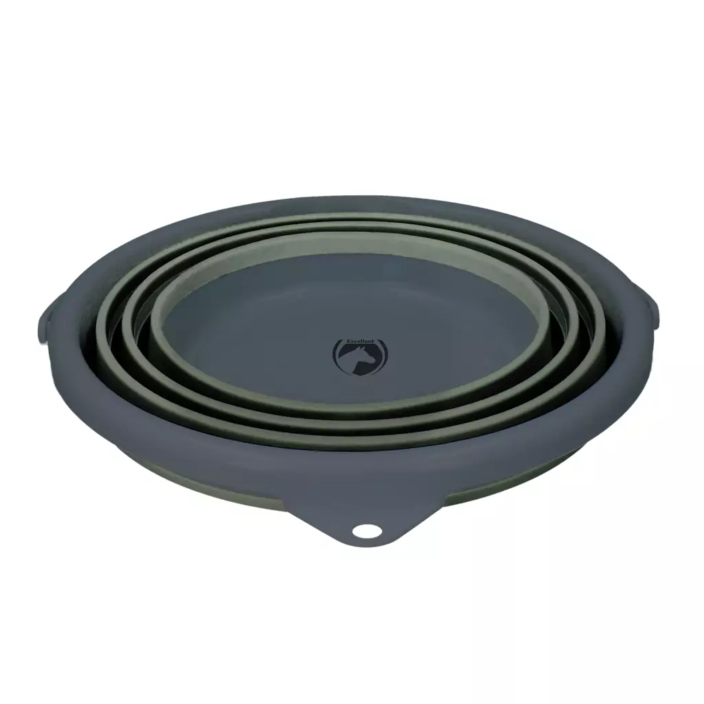 Ciotola/scodella per cibo in silicone pieghevole, rotonda, grigio scuro, ripiegabile in piano, con anelli concentrici sulle pareti flessibili. Dotata di un piccolo gancio con foro per appenderla e di un discreto logo "Excellent" con testa di cavallo.