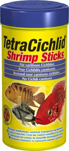 Gelbe Dose Tetra Cichlid Shrimp Sticks mit Fischen und Futter-Pellets.