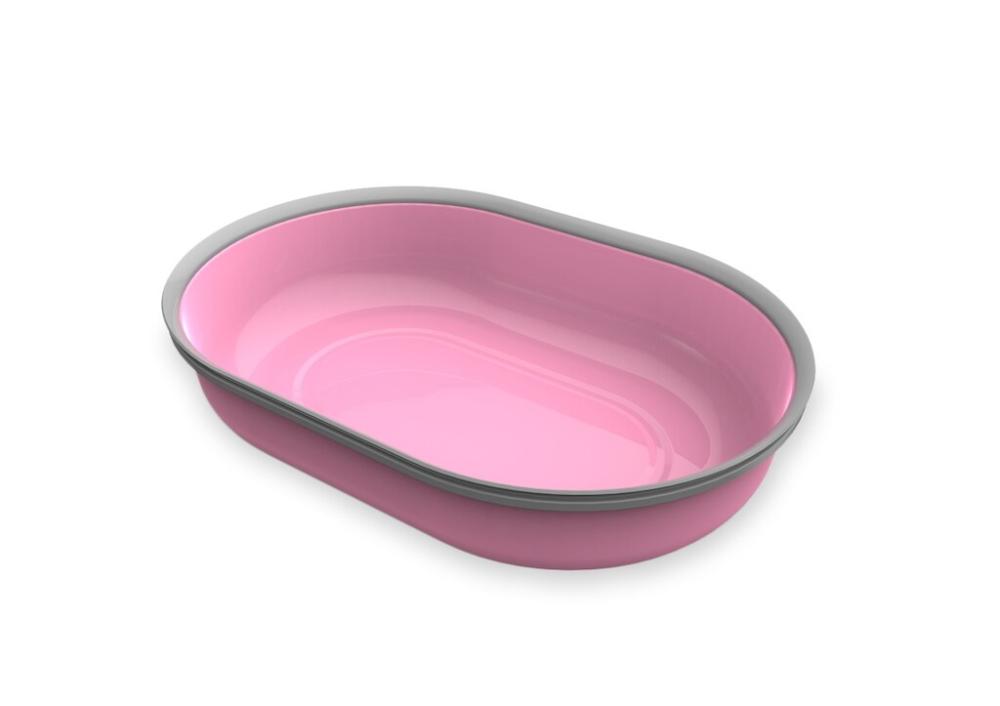 Ciotola per alimenti vuota ovale, rosa brillante con sottile bordo grigio. Vista dall'alto, è leggermente inclinata con superficie lucida. Progettata per distributore automatico SureFeed, su sfondo bianco.