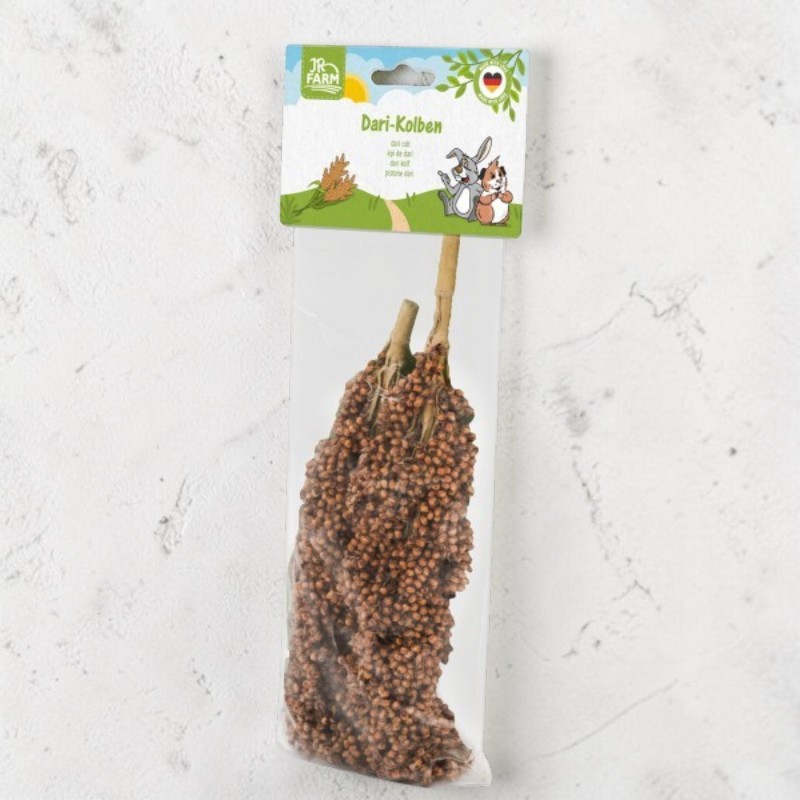 Zwei braune Dari-Hirsekolben in transparenter Produktverpackung. Die Kolben sind mit kleinen Körnern bedeckt, als Nagerfutter. Grünes Etikett zeigt "JR FARM Dari-Kolben", Hasen und Meerschweinchen. Artikel auf hellem, strukturiertem Grund.