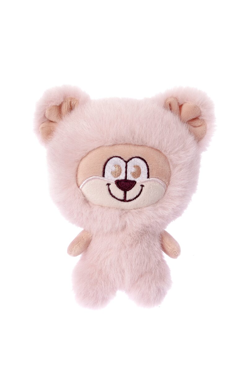 Cute pink soft toy for dogs with a friendly, smiling face, big eyes and a brown nose. Soft body, hood with ears made from fluffy, long-pile pink fabric. Ferribiella Labau Animal.