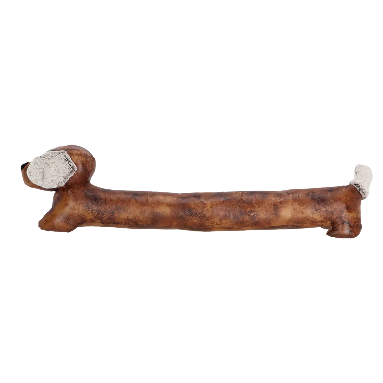 Ein langer, braun melierter Zugluftstopper in Form eines liegenden Dackels. Sein Körper hat lederartige Textur in Rottönen, Kopf und Schwanzansatz sind flauschig hellgrau. Er liegt ausgestreckt, blickt nach links. Ideal zur Türisolation.