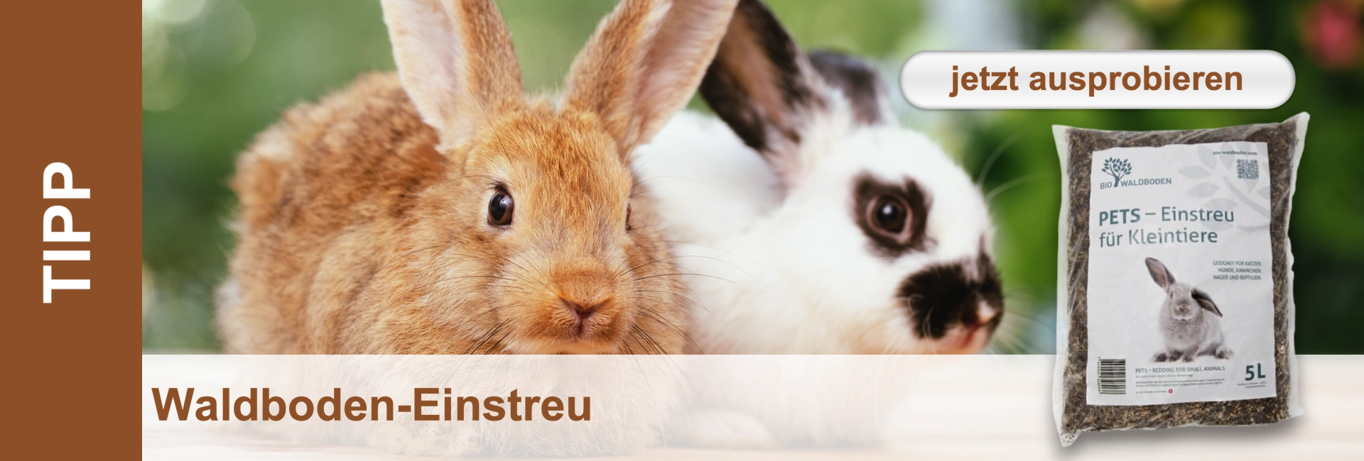 Two rabbits, one brown, one white with black spots. On the right a bag of small animal bedding. "Try it out now" button.