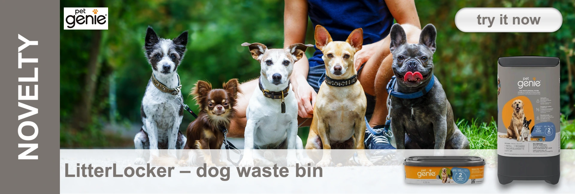 Five dogs of different breeds and sizes sit next to each other in front of a young man, with a Pet Genie product in the background.