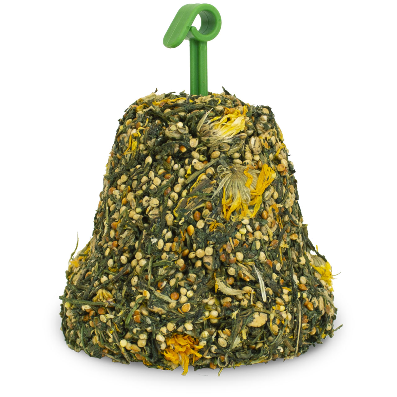 A bell-shaped feed block for birds or rodents, made from a dense mixture of small light and dark brown seeds, dried green herbs and yellow petals. Features a green plastic loop at the top for hanging. Unmounted.