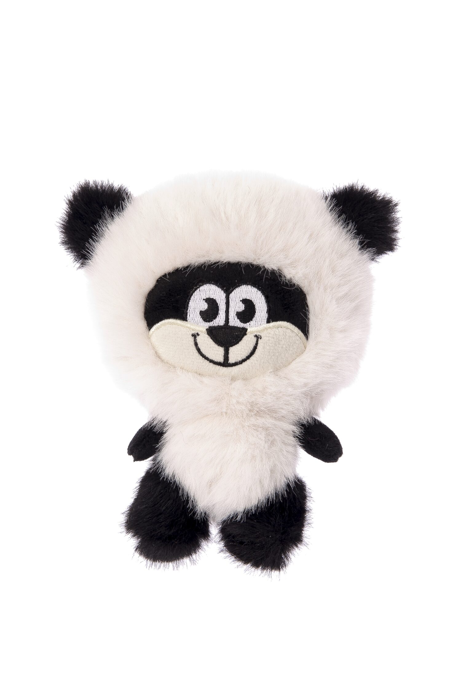A cuddly, upright soft toy in black and white, resembling a stylised panda. Soft, long-pile fur with black ears and eye rings, as well as small limbs. Embroidered, friendly face. Approx. 15 cm tall.