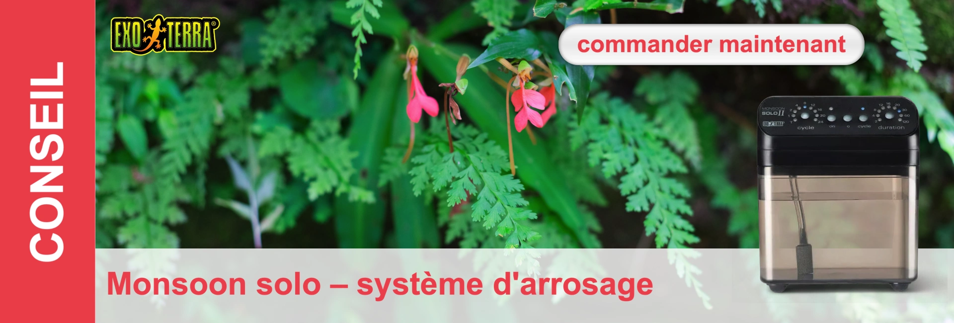 Un système d'irrigation sur un fond vert et luxuriant avec des fleurs roses.