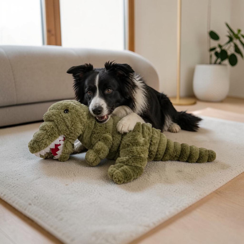 A cheerful black-and-white Border Collie lies relaxed on a light grey carpet, holding a large soft green crocodile toy in its mouth. Its paws wrap around the toy as it looks at the camera, mouth open. A sofa and window in back.