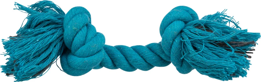 Corde de jeu pour chien bleue et résistante, tressée en coton et polyester, avec un gros nœud central et des extrémités effilochées. Sa texture rugueuse est idéale pour tirer, lancer et rapporter, et sa couleur attire l'œil.