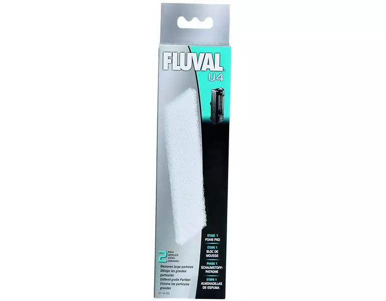 Packaging of a Fluval foam cartridge for internal filters, with white foam visible.