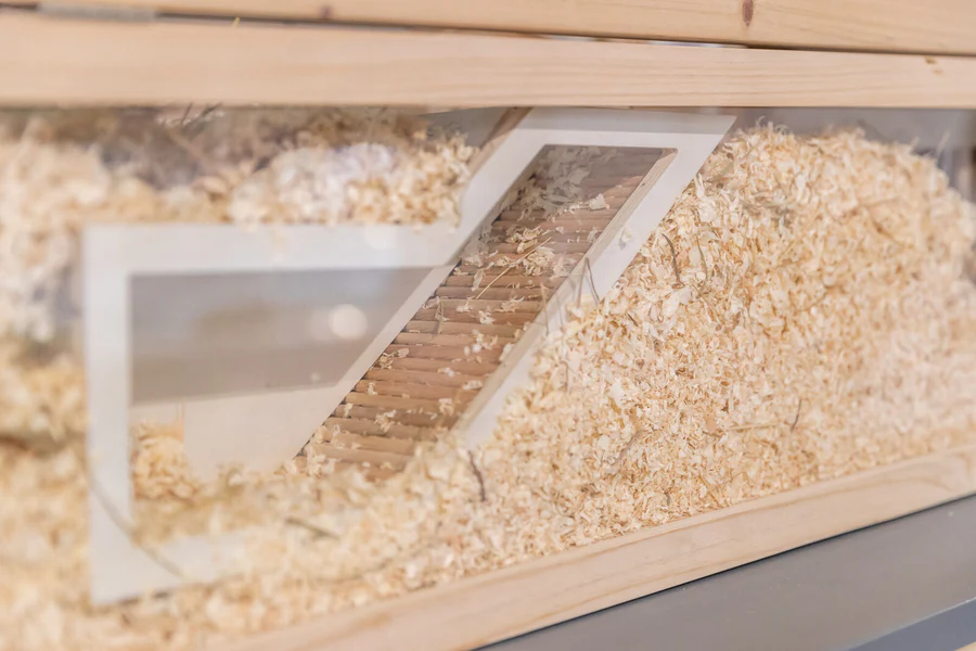 Primo piano dell'interno di un recinto con spesso strato di trucioli di legno chiari. Al centro, un passaggio a forma di L bianco con rampa di listelli trasversali, in parte sotto i trucioli, con lastra e telaio di legno.