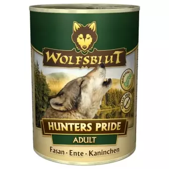 Une boîte Wolfsblut Nourriture humide Hunters Pride avec logo tête de loup et impression faisan, canard, lapin.