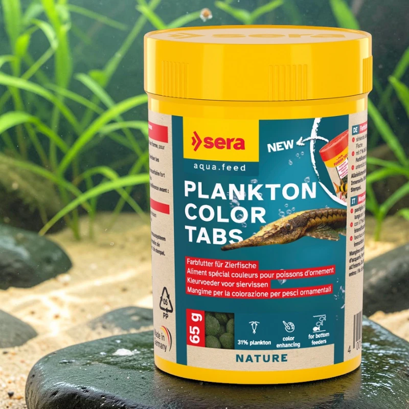 Gelb-blaue Futterdose „Sera Plankton Color Tabs“ für Aquarienfische auf dunklem Stein im Wasser. Etikett: brauner Fisch, grüne Pellets, „Farbfutter für Zierfische“, „31% Plankton“. Hintergrund: grüne Pflanzen, heller Sand.