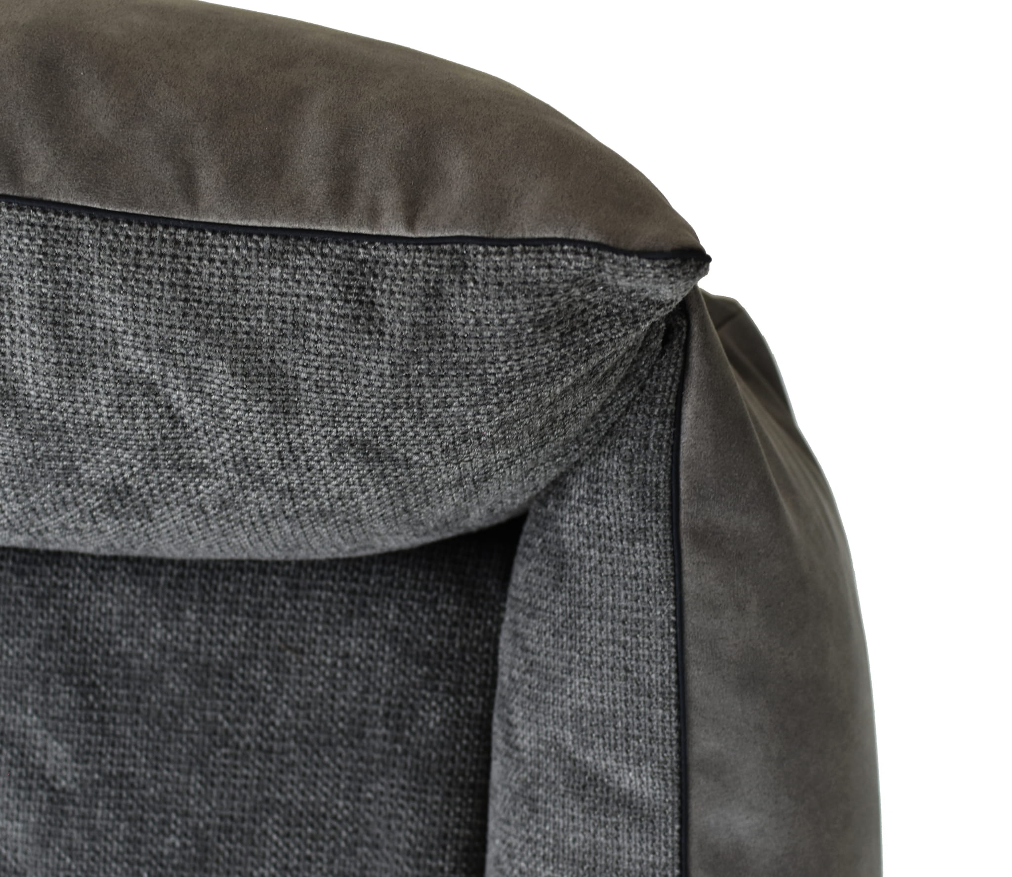 Detailansicht: Dunkelgraues, orthopädisches Hundebett mit erhöhtem Rand und hochwertigem Textilbezug von Lauren Design.