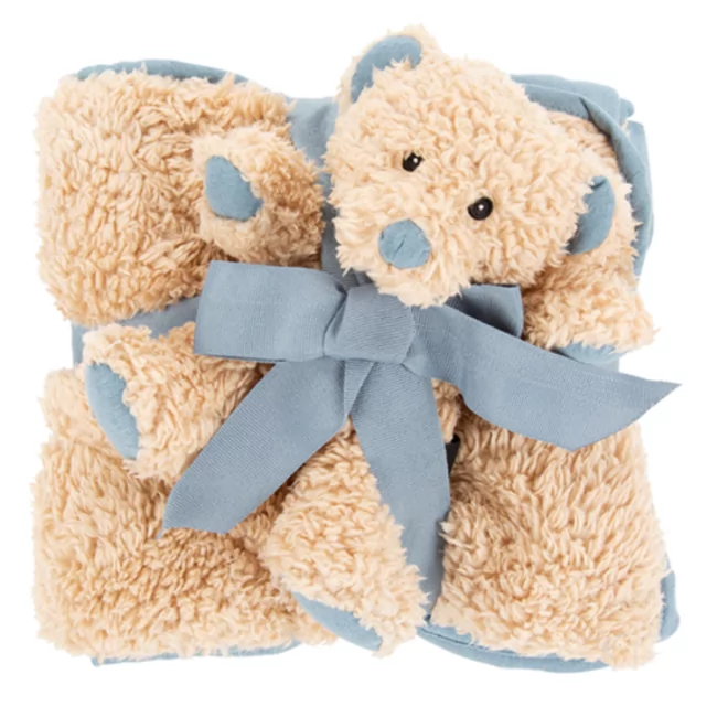 Couverture beige en forme d'ourson avec un nœud bleu et des applications en forme d'ourson.