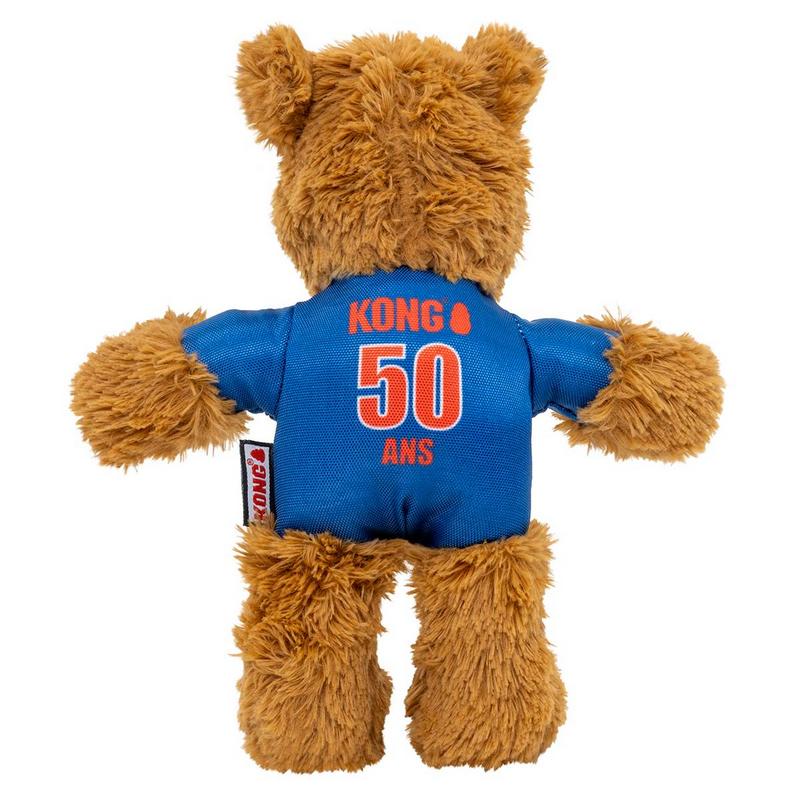 Orsacchiotto di peluche marrone con maglia sportiva blu. Sul retro in rosso la scritta "Kong", il numero "50" grande e sotto "ANS". Il design della nazionale francese di calcio è ideale per cani, per gioco e coccole.
