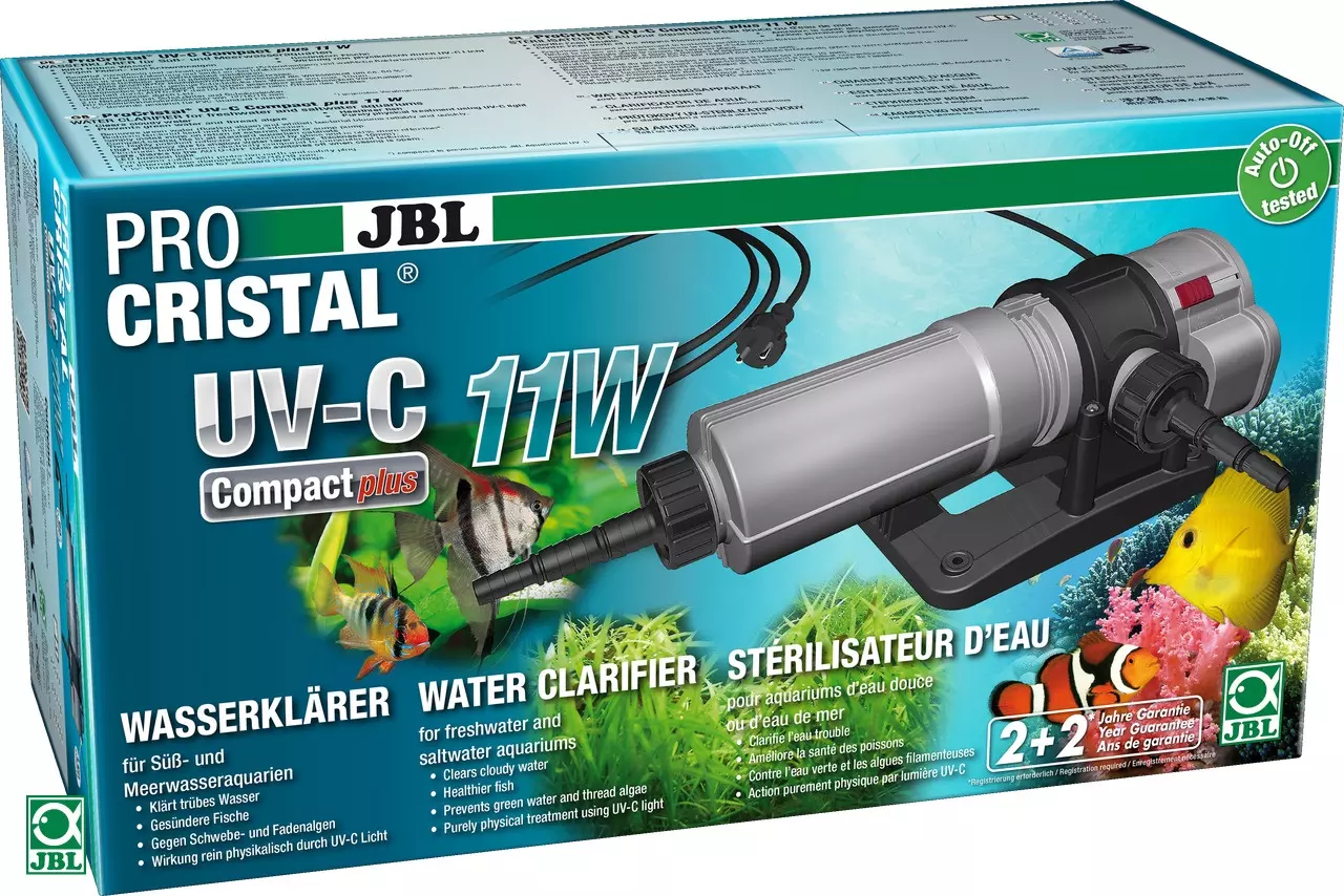 Verpackung eines JBL ProCristal UV-C Wasserklärers, darauf Abbildung des Gerätes und Fische. Text: "UV-C 11W Compact plus".