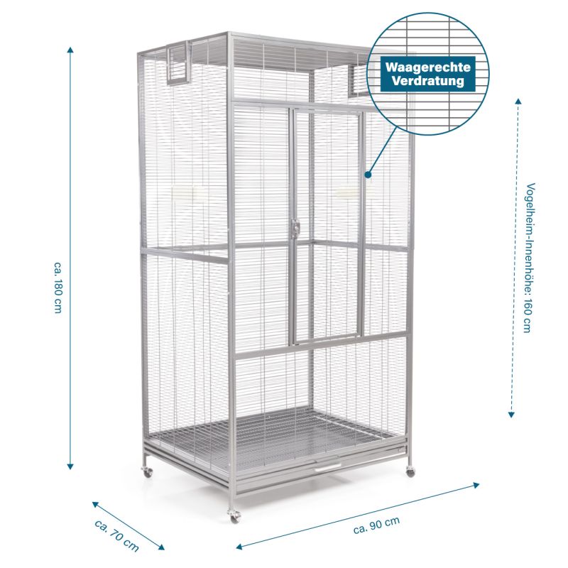 Silver birdcage with horizontal wiring, door and castors. Size specifications.