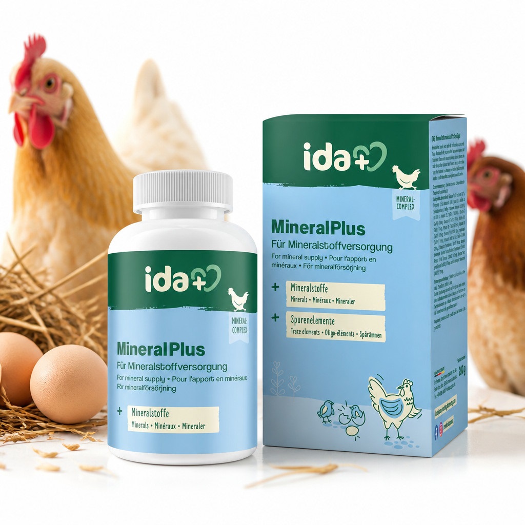Une bouteille et une boîte du complément alimentaire MineralPlus pour volaille devant un nid contenant deux œufs bruns. Une poule brun clair à la crête rouge à gauche, une autre à l'arrière-plan. Emballage bleu-vert.