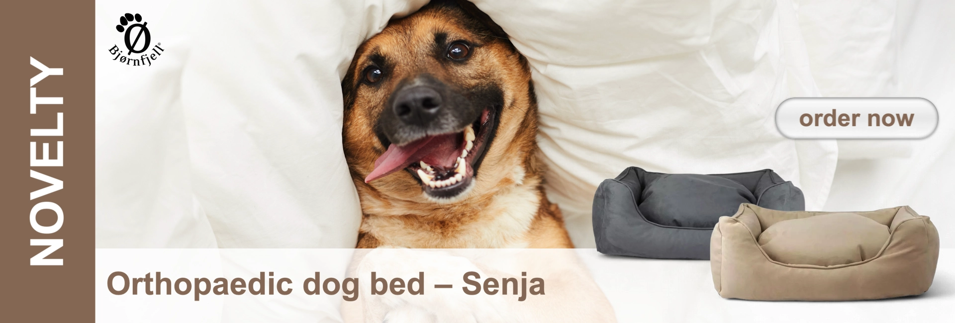 Dog lying under a white blanket, tongue hanging out. Two dog beds are in the foreground, one grey and one beige.
