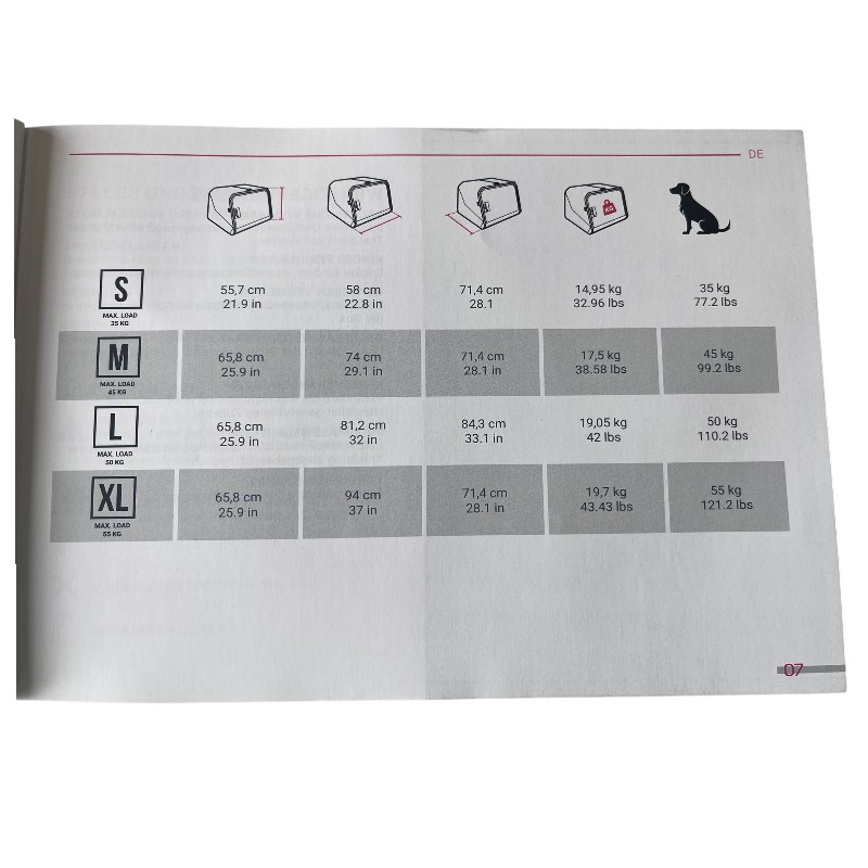 Tabella delle specifiche per trasportini per cani S, M, L, XL. Per ogni trasportino: lunghezza, larghezza, altezza in cm/pollici, peso massimo di carico in kg/lb e peso massimo consigliato del cane in kg/lb. Il simbolo del cane indica la taglia massima.