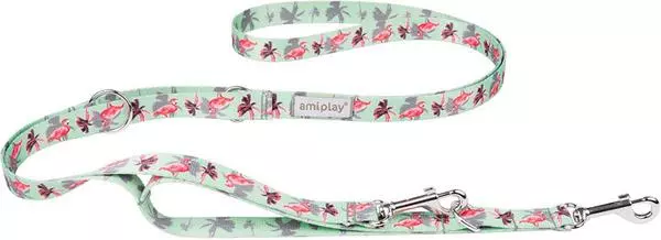Guinzaglio per cani verde con motivo di fenicotteri e palme, moschettone e anello in metallo.
