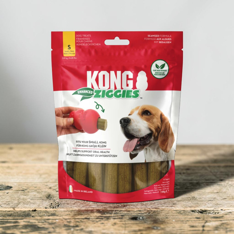 Rote und weiße Verpackung von KONG Ziggies Enhanced Hundeleckerlis auf Holzuntergrund. Eine Hand hält ein rotes KONG Spielzeug mit eingestecktem Zahnpflege-Snack. Daneben ein glücklicher Beagle mit heraushängender Zunge.