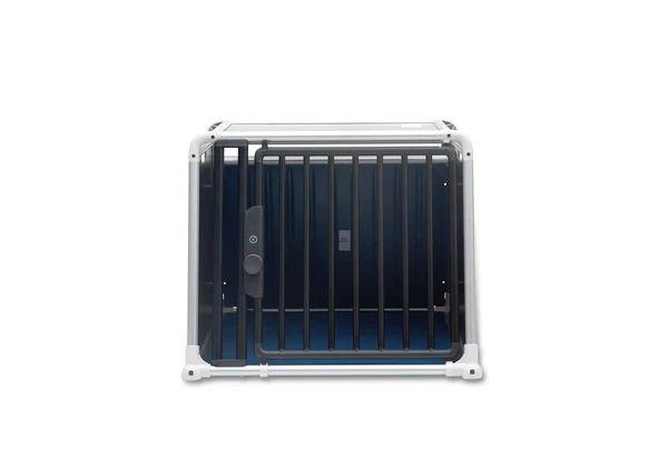 An Alu4pets ECO 4 dog crate single crate, front view. The box is white with mesh door and blue interior.